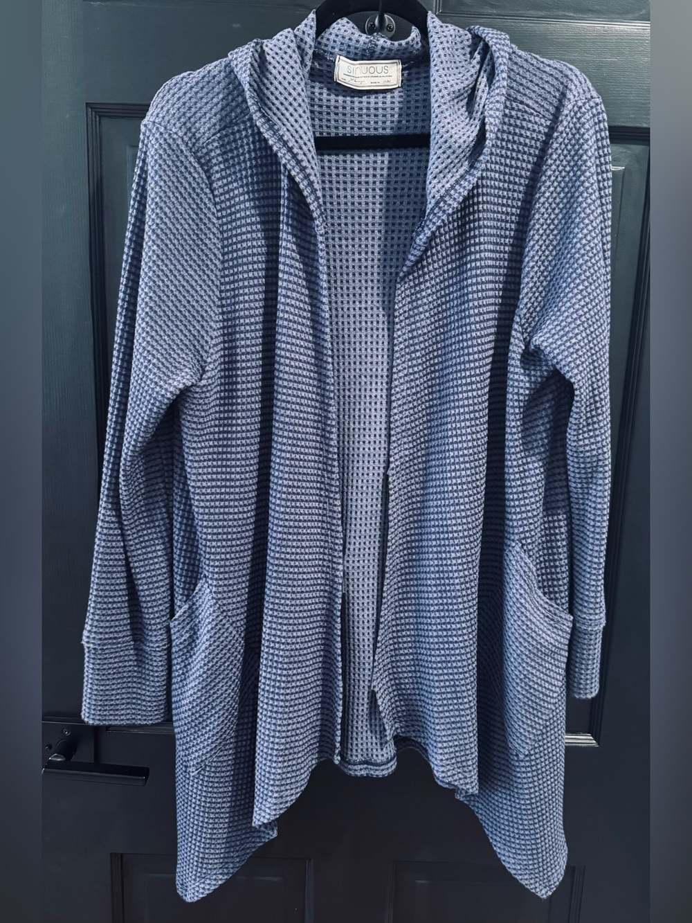 Purplish-Grey Waffle-Knit Hooded Open Cardigan
